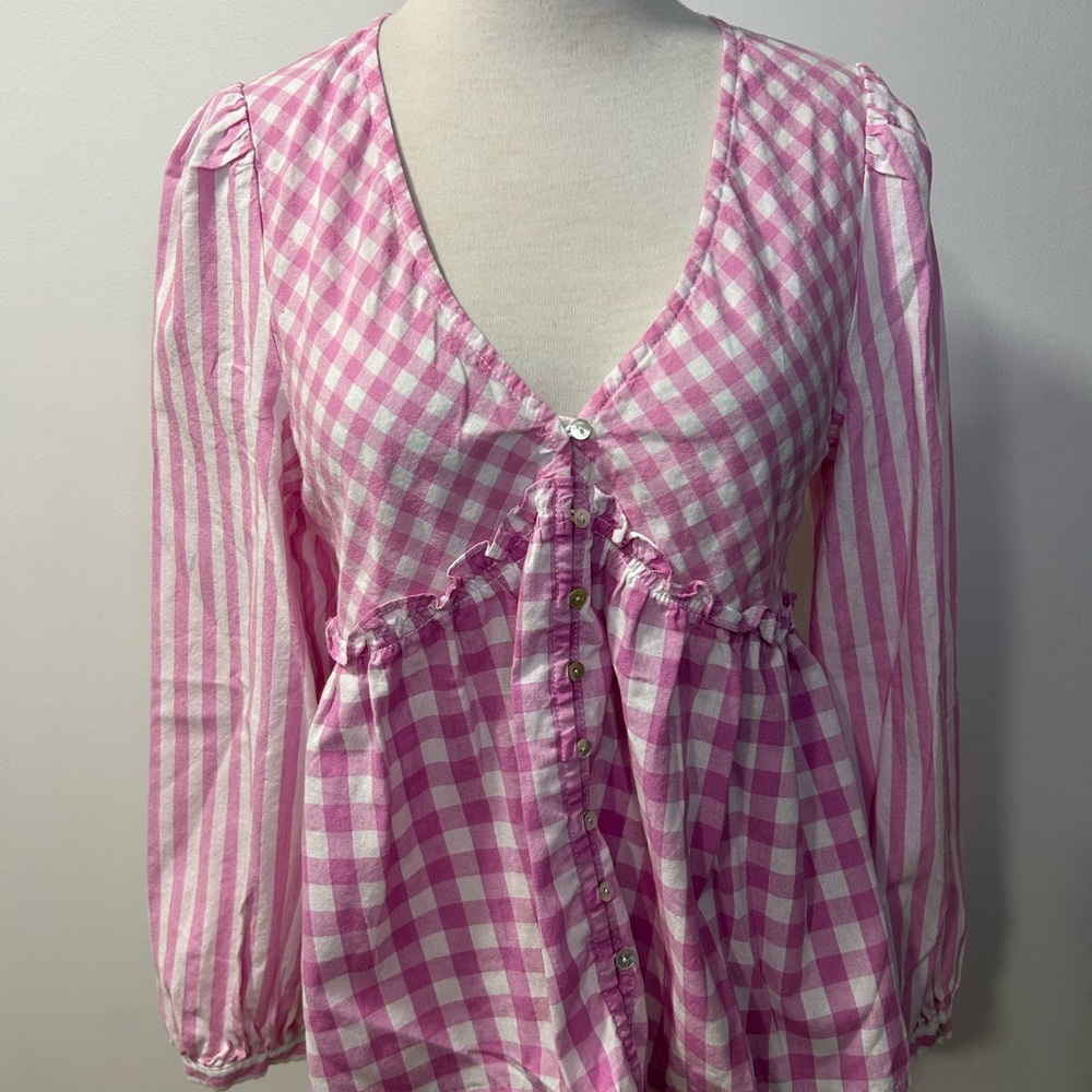 Entro Pink and White Gingham Front 3/4 Sleeve Blouse